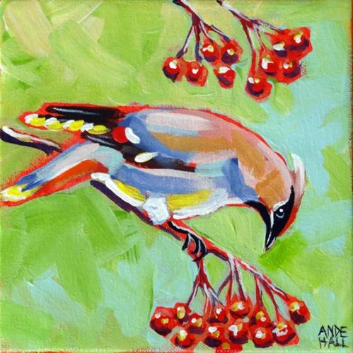 "Bohemian Waxwing" original fine art by Ande Hall "Bohemian Waxwing" original fine art by Ande Hall