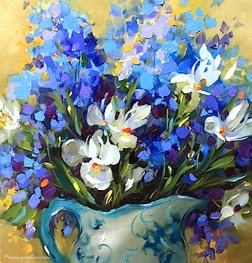 "Garden Party Iris Bouquet and Shopping Without Adult Supervision - Flower Paintings by Nancy Medina" original fine art by Nancy Medina "Garden Party Iris Bouquet and Shopping Without Adult Supervision - Flower Paintings by Nancy Medina" original fine art by Nancy Medina