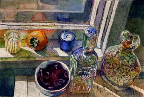 "Monotype with Watercolor: Persimmon & Vintage Whiskey Bottles (& a lecture on John Singer Sargent)" original fine art by Belinda Del Pesco "Monotype with Watercolor: Persimmon & Vintage Whiskey Bottles (& a lecture on John Singer Sargent)" original fine art by Belinda Del Pesco