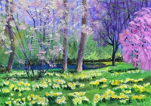 "ORIGINAL PAINTING OF SPRING TREES AND DAFFODILS AT A POND" original fine art by Sue Furrow "ORIGINAL PAINTING OF SPRING TREES AND DAFFODILS AT A POND" original fine art by Sue Furrow
