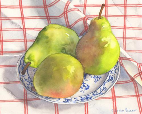 "Pears on Red and White Tablecloth" original fine art by Carole Baker "Pears on Red and White Tablecloth" original fine art by Carole Baker