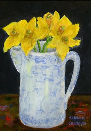 "Heirloom 8, Blue and White China with Daffodils on Artist's Table" original fine art by Maud Guilfoyle "Heirloom 8, Blue and White China with Daffodils on Artist's Table" original fine art by Maud Guilfoyle