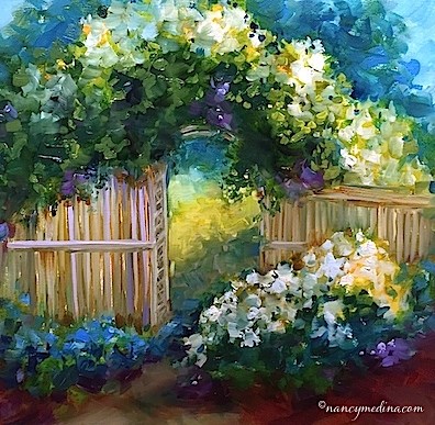 "White Rhapsody Rose Arbor" original fine art by Nancy Medina "White Rhapsody Rose Arbor" original fine art by Nancy Medina