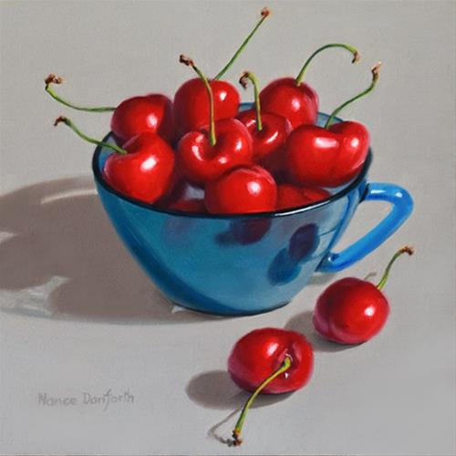 "Cherries In Blue Cup" original fine art by Nance Danforth "Cherries In Blue Cup" original fine art by Nance Danforth