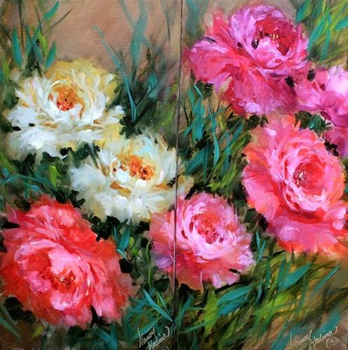 "Abundant Love Peony Garden - Diptych - and Off to France We Go!" original fine art by Nancy Medina "Abundant Love Peony Garden - Diptych - and Off to France We Go!" original fine art by Nancy Medina