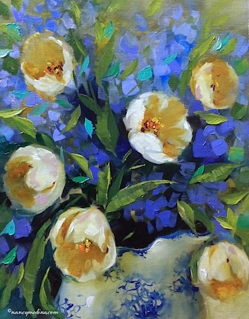 "Touch of Winter White Tulips and All Good Things Happen by Design - Flower Paintings by Nancy Medina" original fine art by Nancy Medina "Touch of Winter White Tulips and All Good Things Happen by Design - Flower Paintings by Nancy Medina" original fine art by Nancy Medina