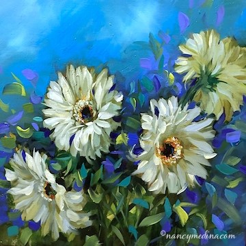 "Waiting for JC Penney to Call - Blue Breeze Daisies - Flower Painting Workshops and Classes by Nancy" original fine art by Nancy Medina "Waiting for JC Penney to Call - Blue Breeze Daisies - Flower Painting Workshops and Classes by Nancy" original fine art by Nancy Medina