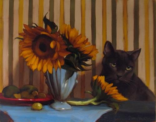 "The Set Up floral still life painting with cat" original fine art by Diane Hoeptner "The Set Up floral still life painting with cat" original fine art by Diane Hoeptner