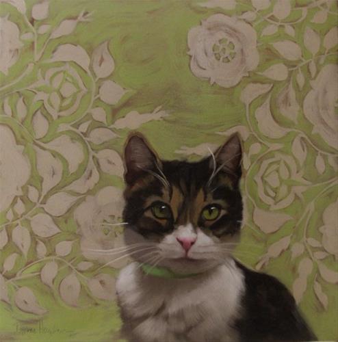 "Bea tabby, tuxedo cat on pattern painting" original fine art by Diane Hoeptner "Bea tabby, tuxedo cat on pattern painting" original fine art by Diane Hoeptner