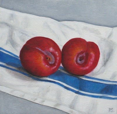 "Red Plums on french tea cloth" original fine art by Pera Schillings "Red Plums on french tea cloth" original fine art by Pera Schillings