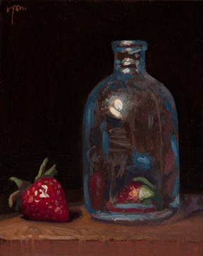 "Glass Bottle with Two Strawberries (magic is still possible) (+ Live Demo Tomorrow)" original fine art by Abbey Ryan "Glass Bottle with Two Strawberries (magic is still possible) (+ Live Demo Tomorrow)" original fine art by Abbey Ryan