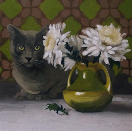 "On Duty, Coco sees you from behind the mums!" original fine art by Diane Hoeptner "On Duty, Coco sees you from behind the mums!" original fine art by Diane Hoeptner