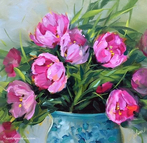 "Pink Tulip Jubilee and a Gift for You - Flower Painting Classes and Workshops by Nancy Medina Art" original fine art by Nancy Medina "Pink Tulip Jubilee and a Gift for You - Flower Painting Classes and Workshops by Nancy Medina Art" original fine art by Nancy Medina