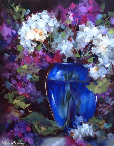 "Blue Glass Lilies and Hydrangeas by Texas Flower Artist Nancy Medina" original fine art by Nancy Medina "Blue Glass Lilies and Hydrangeas by Texas Flower Artist Nancy Medina" original fine art by Nancy Medina