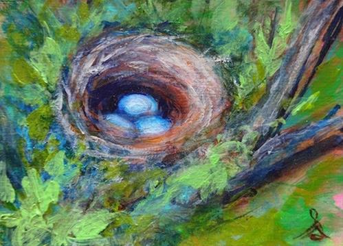 "4064 - Framed - DELICATE NEST ACEO - White Frame" original fine art by Sea Dean "4064 - Framed - DELICATE NEST ACEO - White Frame" original fine art by Sea Dean