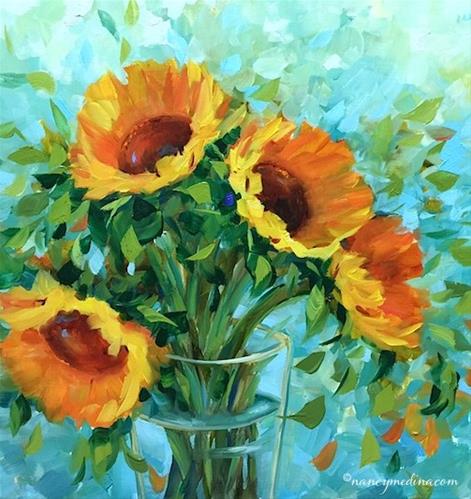"Blue Fire Sunflowers - Flower Painting Classes and Worksh" original fine art by Nancy Medina "Blue Fire Sunflowers - Flower Painting Classes and Worksh" original fine art by Nancy Medina