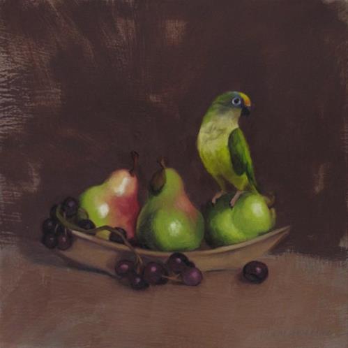 "Bird and Pears, new small still life, conure painting" original fine art by Diane Hoeptner "Bird and Pears, new small still life, conure painting" original fine art by Diane Hoeptner