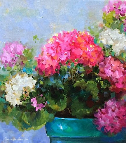 "Spring Sparkle Geraniums and Caught in a Flower Painting Love Triangle - Nancy Medina Art" original fine art by Nancy Medina "Spring Sparkle Geraniums and Caught in a Flower Painting Love Triangle - Nancy Medina Art" original fine art by Nancy Medina