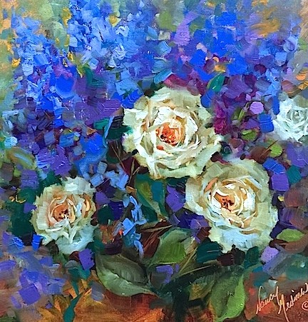 "A Free Tulip Video and Framed in Violet White Roses - Flower Painting Workshops and Classes by Nancy" original fine art by Nancy Medina "A Free Tulip Video and Framed in Violet White Roses - Flower Painting Workshops and Classes by Nancy" original fine art by Nancy Medina