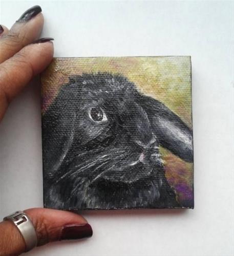 "Mini Oil Painting Black Bunny Pet Portrait" original fine art by Camille Morgan "Mini Oil Painting Black Bunny Pet Portrait" original fine art by Camille Morgan