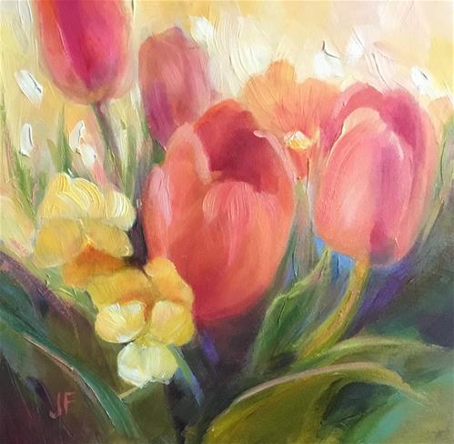 "Tulips and Pansies" original fine art by Jean Fitzgerald "Tulips and Pansies" original fine art by Jean Fitzgerald