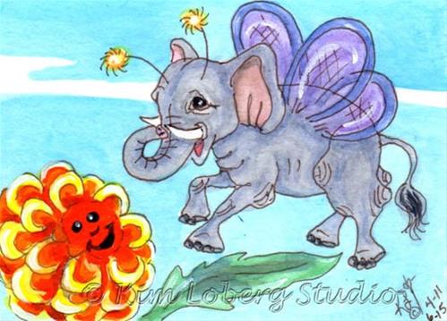 "Elephant Fly & Zinnia" original fine art by Kim Loberg "Elephant Fly & Zinnia" original fine art by Kim Loberg