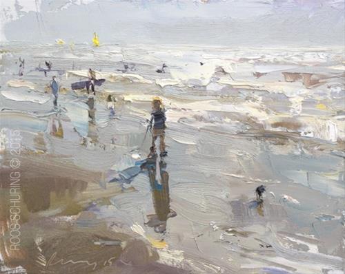"Seascape Pleinair “Evening shine Shoreline – Boy and surfers”" original fine art by Roos Schuring "Seascape Pleinair “Evening shine Shoreline – Boy and surfers”" original fine art by Roos Schuring