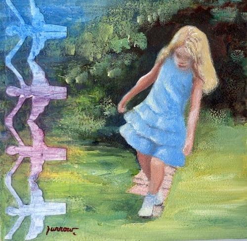 "ORIGINAL PAINTING OF LITTLE GIRL SKIPPING SIDEWALK CRACKS" original fine art by Sue Furrow "ORIGINAL PAINTING OF LITTLE GIRL SKIPPING SIDEWALK CRACKS" original fine art by Sue Furrow