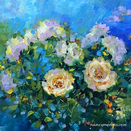 "Cloudless Sky White Roses" original fine art by Nancy Medina "Cloudless Sky White Roses" original fine art by Nancy Medina