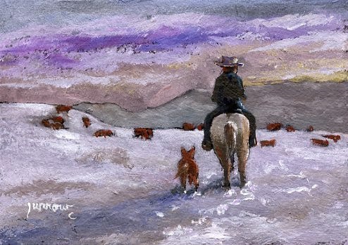 "CHECKING THE HERD - ORIGINAL SMALL PAINTING OF HORSE AND RIDER" original fine art by Sue Furrow "CHECKING THE HERD - ORIGINAL SMALL PAINTING OF HORSE AND RIDER" original fine art by Sue Furrow